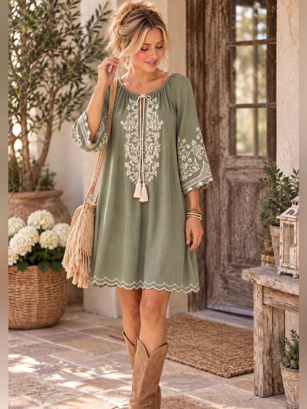 Chic Collection Embroidered Tunic
Dress Sage Green Tassel Tie Size S Boho